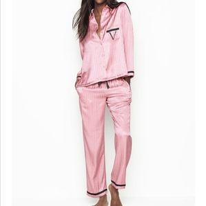 NWT Victoria Secret pajamas in striped pink satin with signature logo Size L